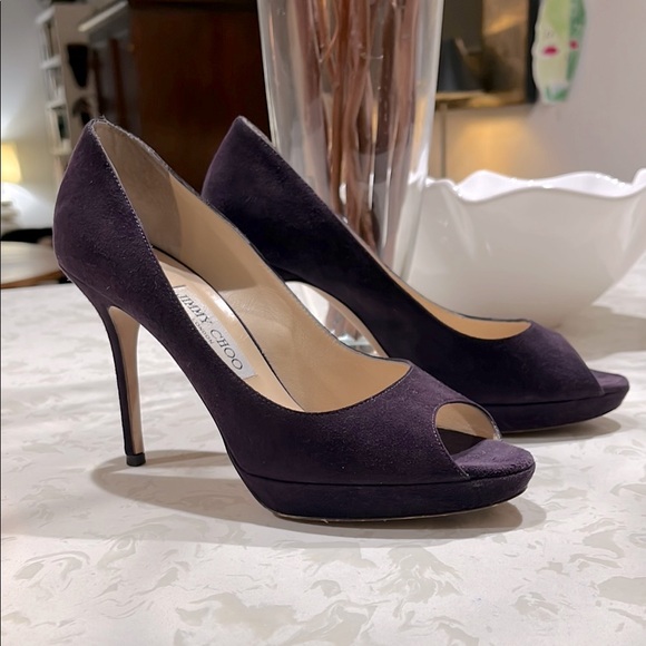 Jimmy Choo | Purple Suede Open Toe Pumps (8.5) - Picture 2 of 10